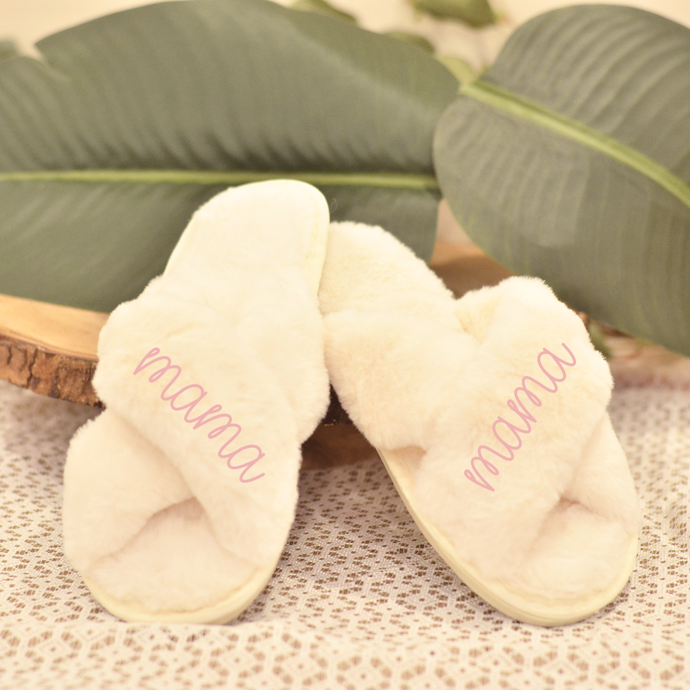 Personalized Mama White Fluffy Slippers