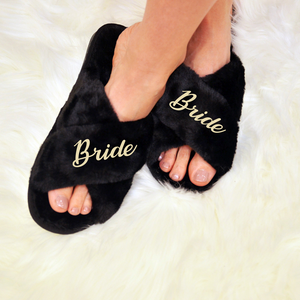 Bride Fluffy Black Slippers
