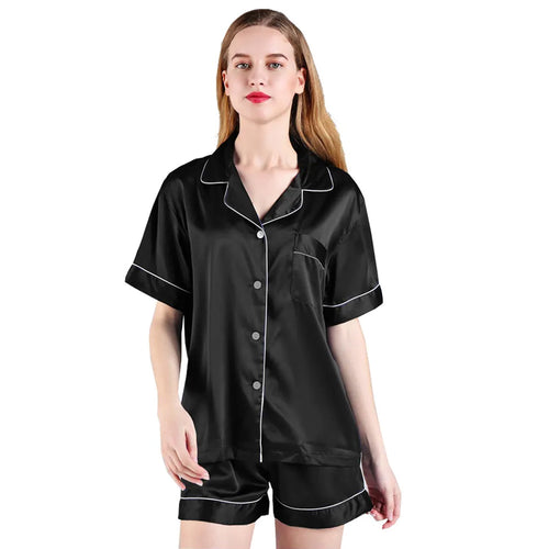 Black Short Sleeve Button down and Shorts Pajama Sets - SimplyNameIt